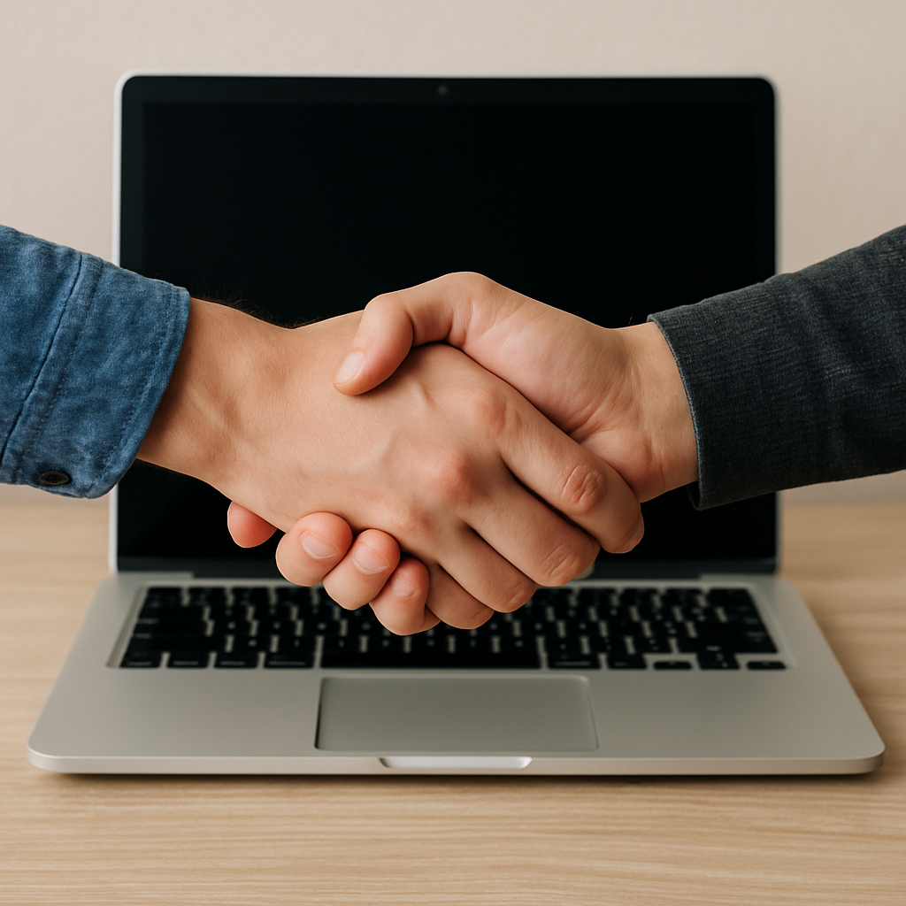 Casual shaking hands with computer on background-1
